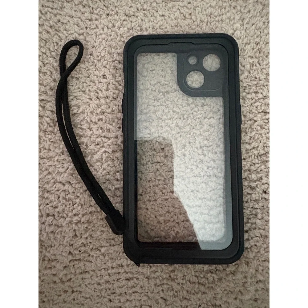 Black Waterproof Full Body Case for iPhone 13 14 with Lanyard Clear Back